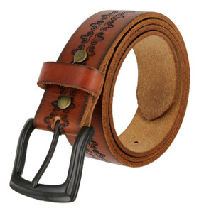 Classic Black Engraved Buckle Genuine Full Grain Leather Belt 1-1/2"(38mm) Wide